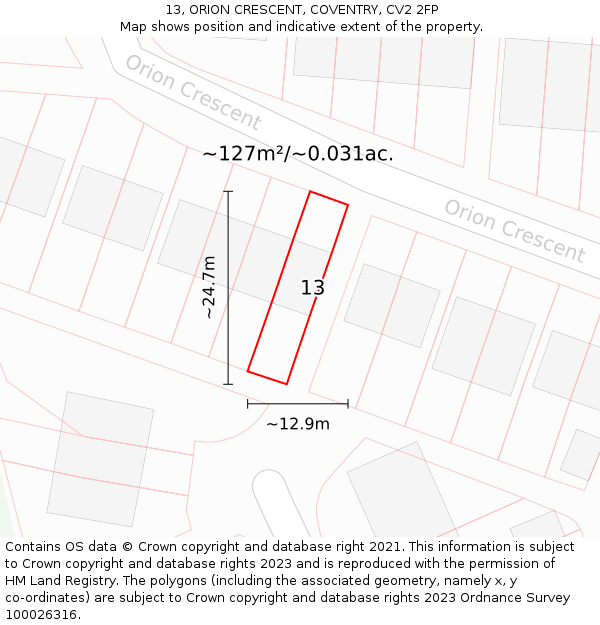 13, ORION CRESCENT, COVENTRY, CV2 2FP: Plot and title map