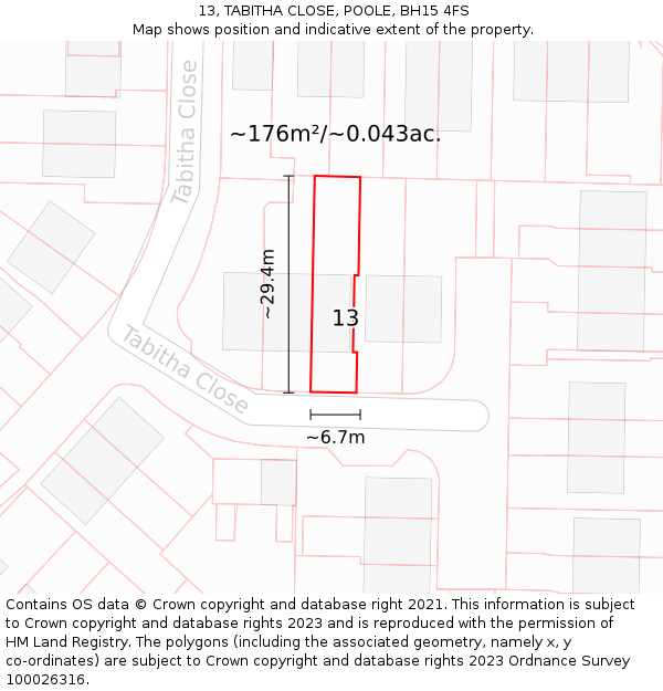 13, TABITHA CLOSE, POOLE, BH15 4FS: Plot and title map
