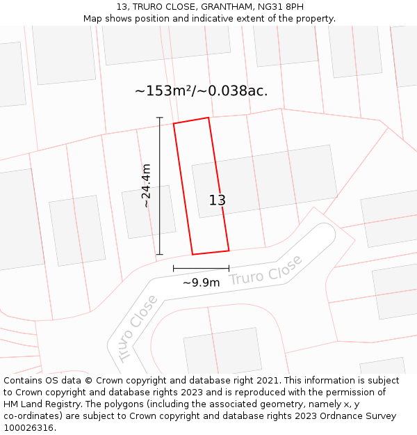 13, TRURO CLOSE, GRANTHAM, NG31 8PH: Plot and title map
