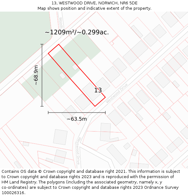 13, WESTWOOD DRIVE, NORWICH, NR6 5DE: Plot and title map