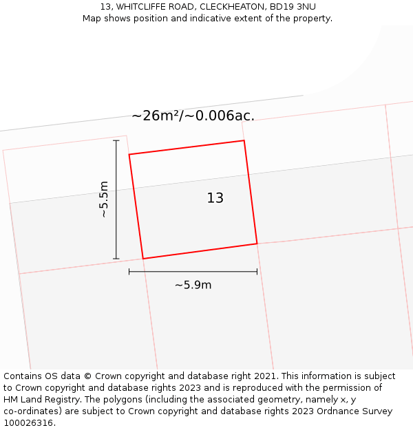 13, WHITCLIFFE ROAD, CLECKHEATON, BD19 3NU: Plot and title map