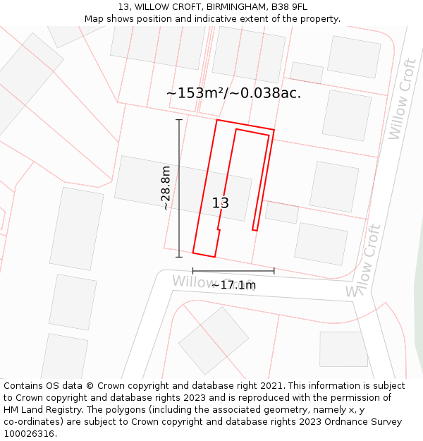 13, WILLOW CROFT, BIRMINGHAM, B38 9FL: Plot and title map