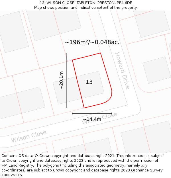 13, WILSON CLOSE, TARLETON, PRESTON, PR4 6DE: Plot and title map