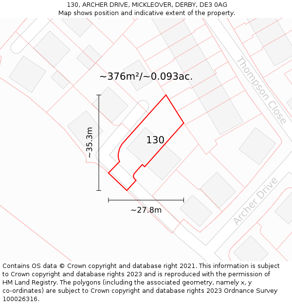 130, ARCHER DRIVE, MICKLEOVER, DERBY, DE3 0AG: Plot and title map