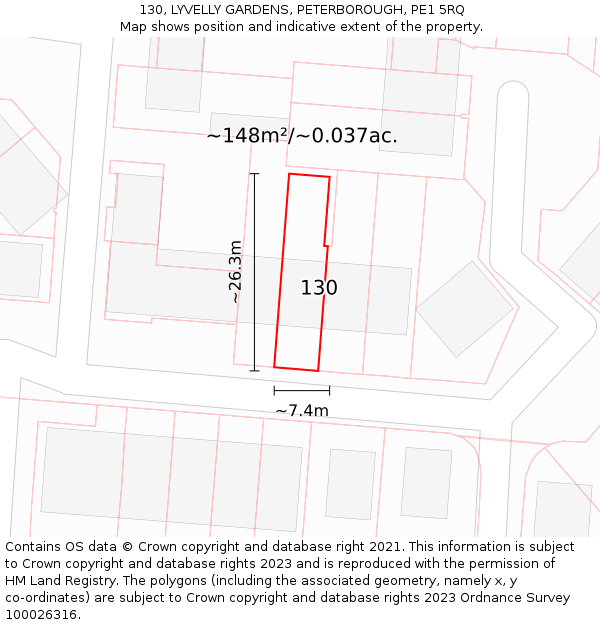 130, LYVELLY GARDENS, PETERBOROUGH, PE1 5RQ: Plot and title map
