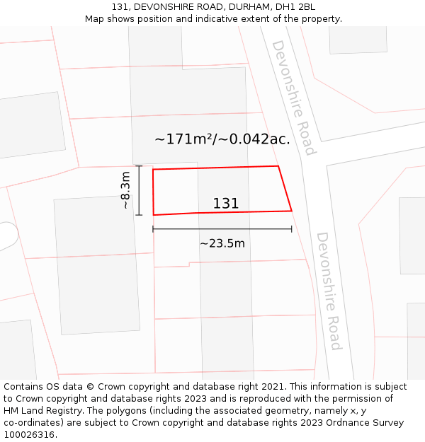 131, DEVONSHIRE ROAD, DURHAM, DH1 2BL: Plot and title map