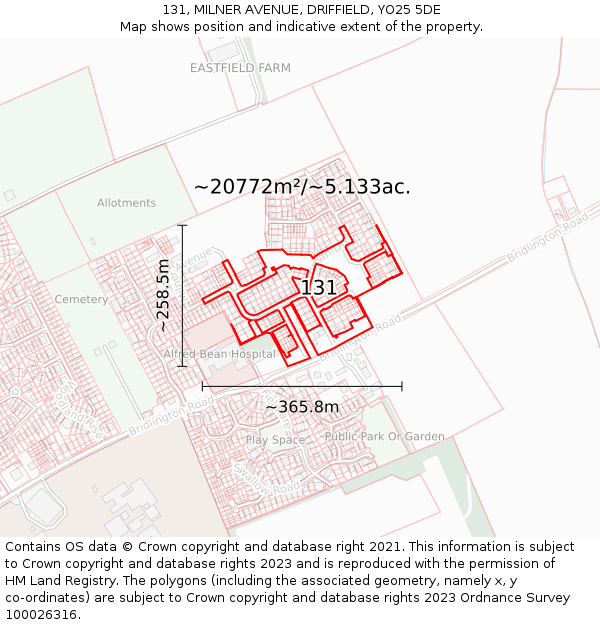 131, MILNER AVENUE, DRIFFIELD, YO25 5DE: Plot and title map