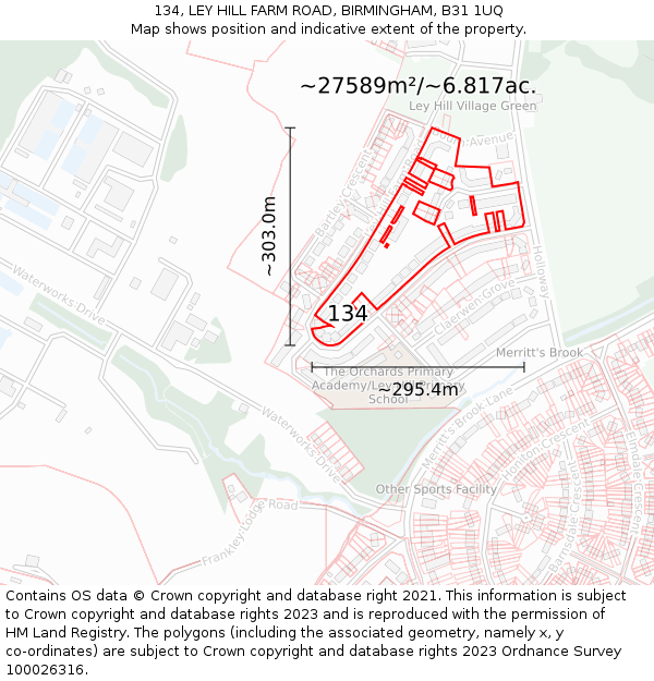 134, LEY HILL FARM ROAD, BIRMINGHAM, B31 1UQ: Plot and title map