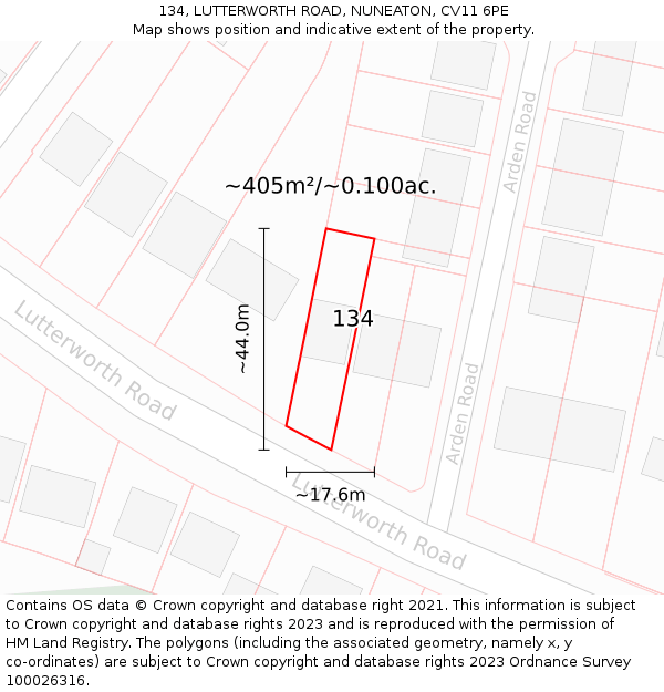 134, LUTTERWORTH ROAD, NUNEATON, CV11 6PE: Plot and title map