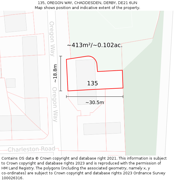 135, OREGON WAY, CHADDESDEN, DERBY, DE21 6UN: Plot and title map