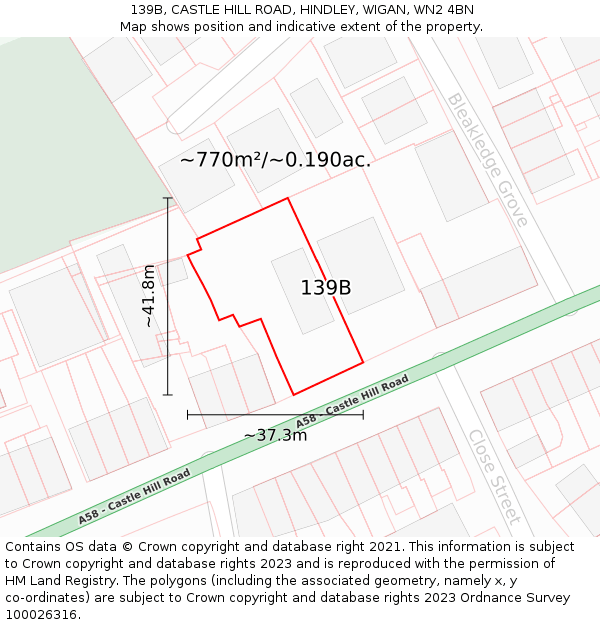 139B, CASTLE HILL ROAD, HINDLEY, WIGAN, WN2 4BN: Plot and title map