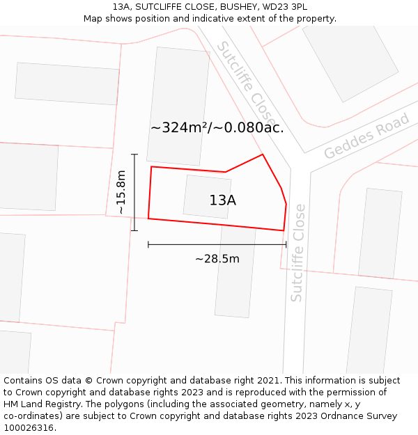 13A, SUTCLIFFE CLOSE, BUSHEY, WD23 3PL: Plot and title map