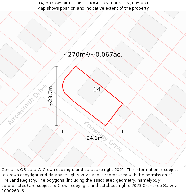 14, ARROWSMITH DRIVE, HOGHTON, PRESTON, PR5 0DT: Plot and title map