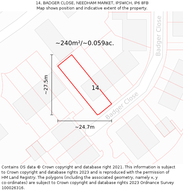 14, BADGER CLOSE, NEEDHAM MARKET, IPSWICH, IP6 8FB: Plot and title map