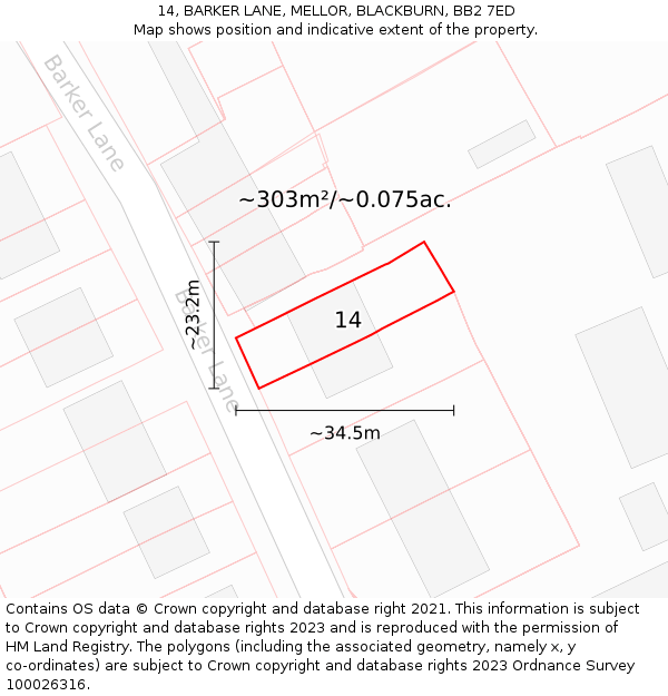 14, BARKER LANE, MELLOR, BLACKBURN, BB2 7ED: Plot and title map