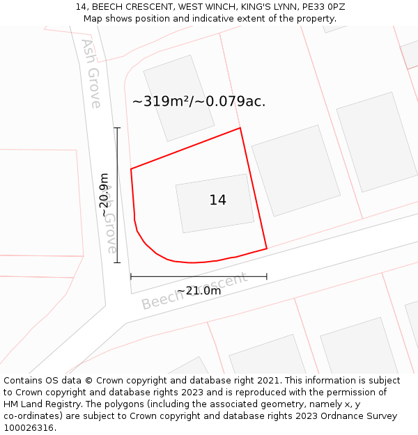 14, BEECH CRESCENT, WEST WINCH, KING'S LYNN, PE33 0PZ: Plot and title map