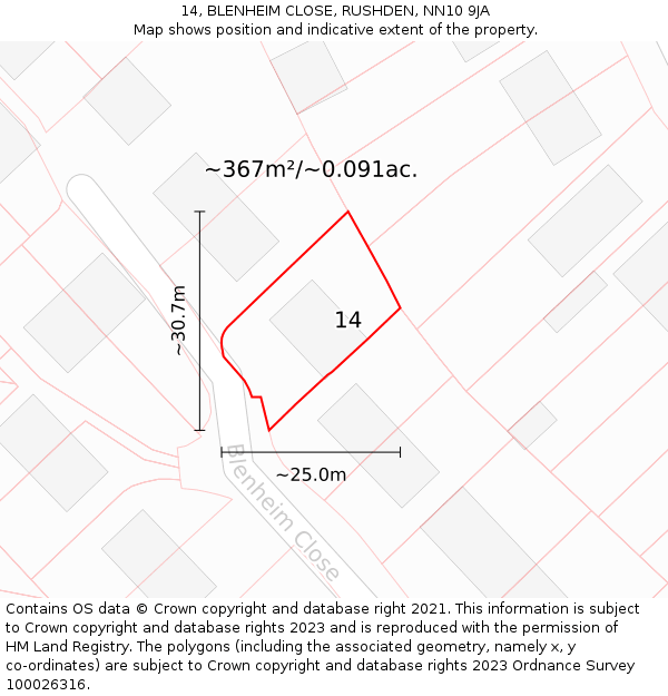 14, BLENHEIM CLOSE, RUSHDEN, NN10 9JA: Plot and title map