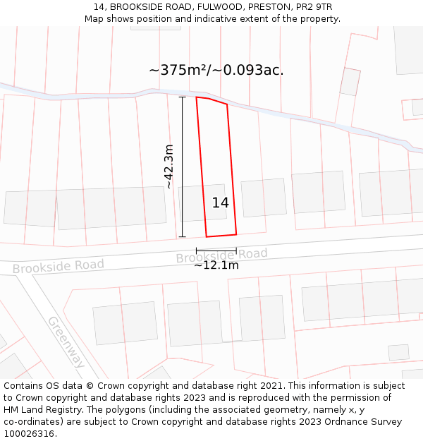 14, BROOKSIDE ROAD, FULWOOD, PRESTON, PR2 9TR: Plot and title map