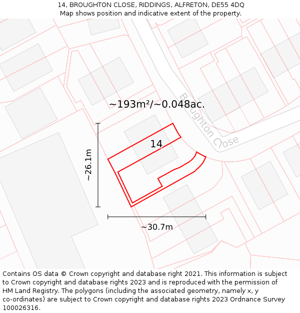 14, BROUGHTON CLOSE, RIDDINGS, ALFRETON, DE55 4DQ: Plot and title map