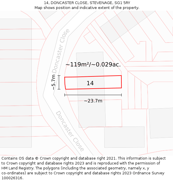 14, DONCASTER CLOSE, STEVENAGE, SG1 5RY: Plot and title map