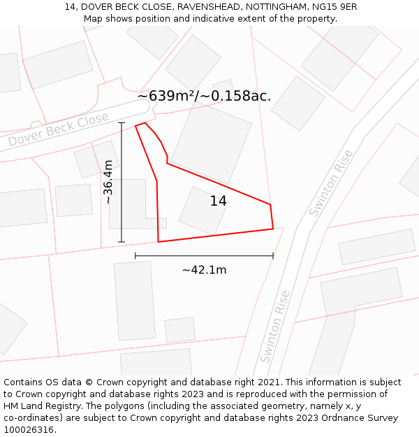 14, DOVER BECK CLOSE, RAVENSHEAD, NOTTINGHAM, NG15 9ER: Plot and title map
