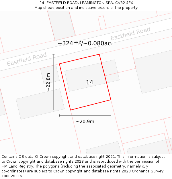14, EASTFIELD ROAD, LEAMINGTON SPA, CV32 4EX: Plot and title map