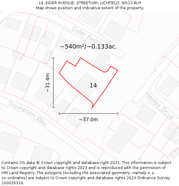 14, EIDER AVENUE, STREETHAY, LICHFIELD, WS13 8UY: Plot and title map