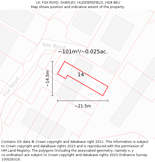 14, FOX ROYD, SHEPLEY, HUDDERSFIELD, HD8 8EU: Plot and title map
