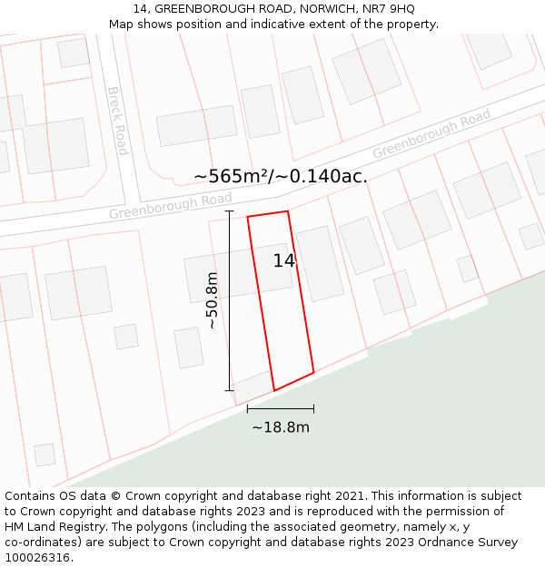 14, GREENBOROUGH ROAD, NORWICH, NR7 9HQ: Plot and title map