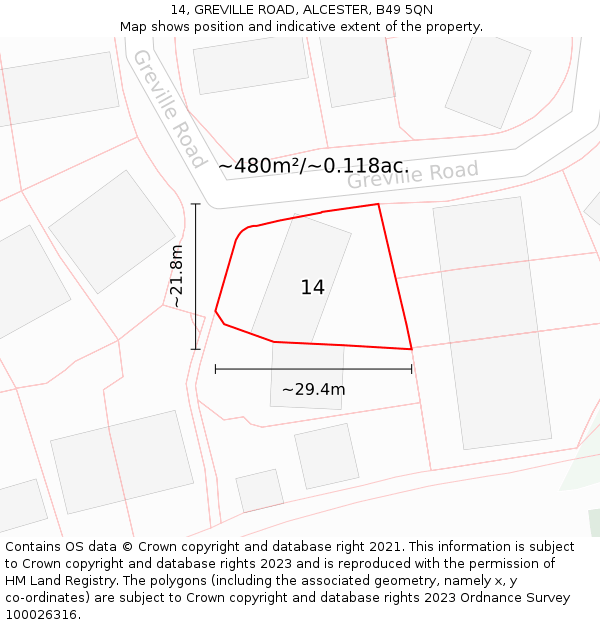 14, GREVILLE ROAD, ALCESTER, B49 5QN: Plot and title map