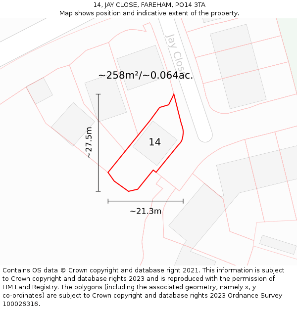 14, JAY CLOSE, FAREHAM, PO14 3TA: Plot and title map