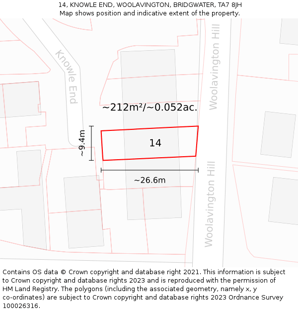 14, KNOWLE END, WOOLAVINGTON, BRIDGWATER, TA7 8JH: Plot and title map