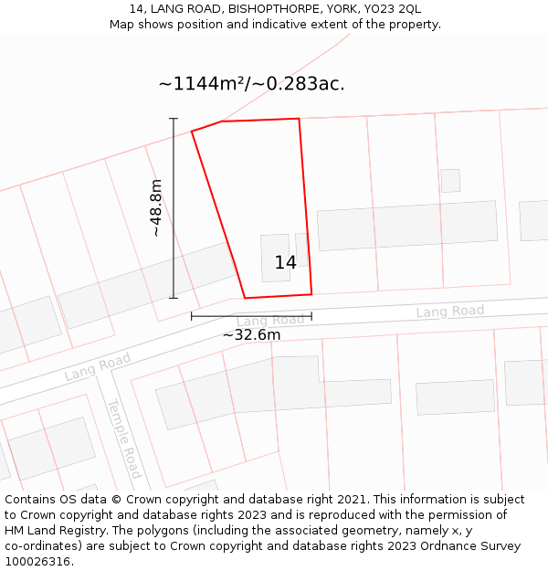 14, LANG ROAD, BISHOPTHORPE, YORK, YO23 2QL: Plot and title map