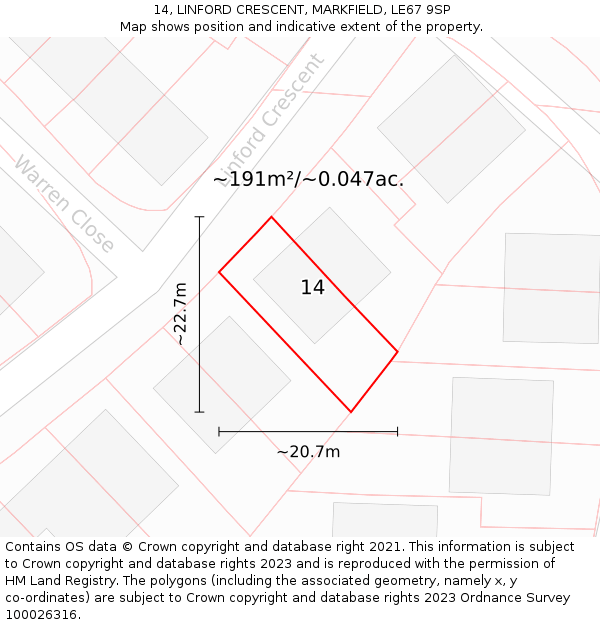 14, LINFORD CRESCENT, MARKFIELD, LE67 9SP: Plot and title map