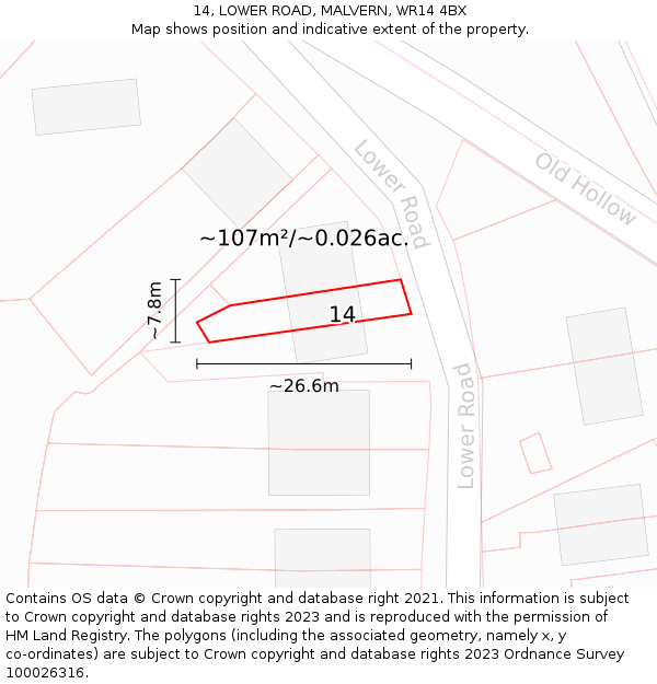 14, LOWER ROAD, MALVERN, WR14 4BX: Plot and title map