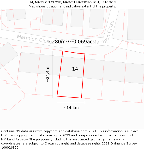 14, MARMION CLOSE, MARKET HARBOROUGH, LE16 9GS: Plot and title map