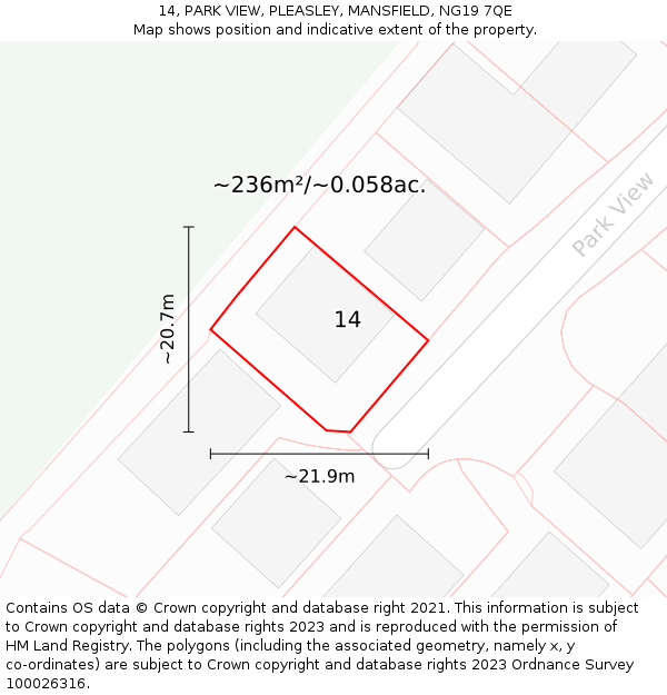 14, PARK VIEW, PLEASLEY, MANSFIELD, NG19 7QE: Plot and title map