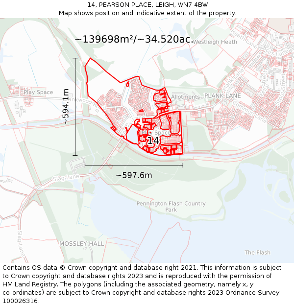 14, PEARSON PLACE, LEIGH, WN7 4BW: Plot and title map