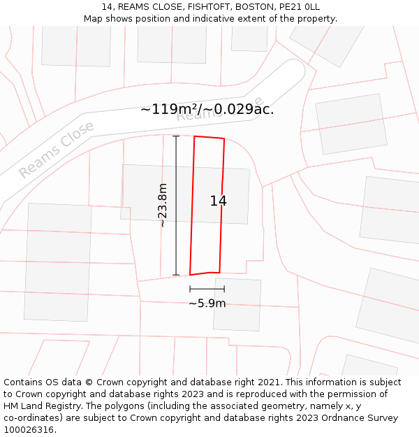 14, REAMS CLOSE, FISHTOFT, BOSTON, PE21 0LL: Plot and title map