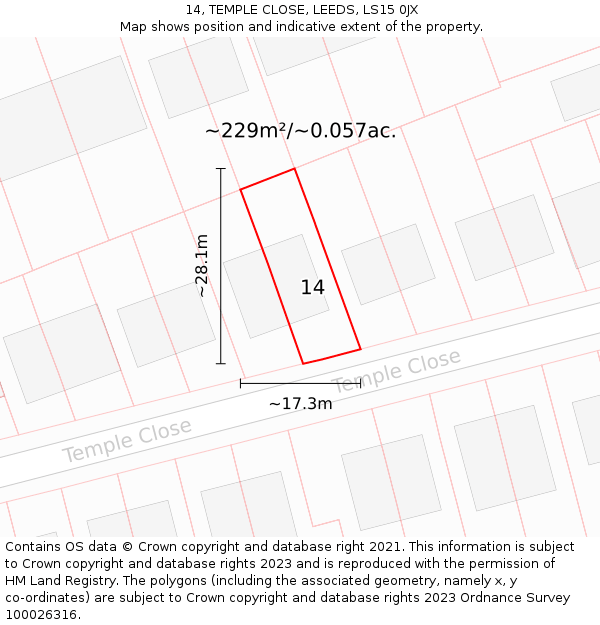 14, TEMPLE CLOSE, LEEDS, LS15 0JX: Plot and title map