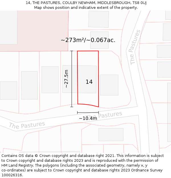 14, THE PASTURES, COULBY NEWHAM, MIDDLESBROUGH, TS8 0UJ: Plot and title map