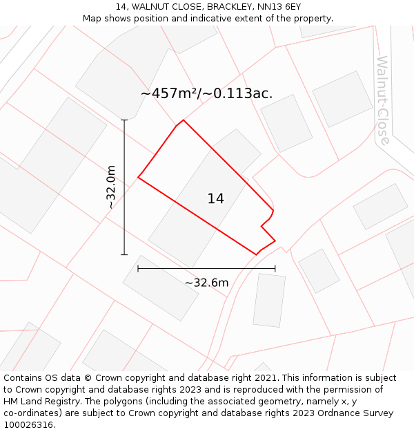 14, WALNUT CLOSE, BRACKLEY, NN13 6EY: Plot and title map