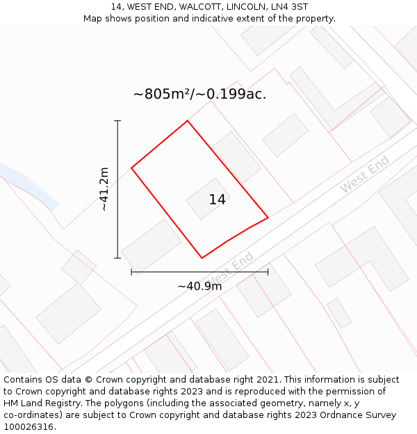 14, WEST END, WALCOTT, LINCOLN, LN4 3ST: Plot and title map