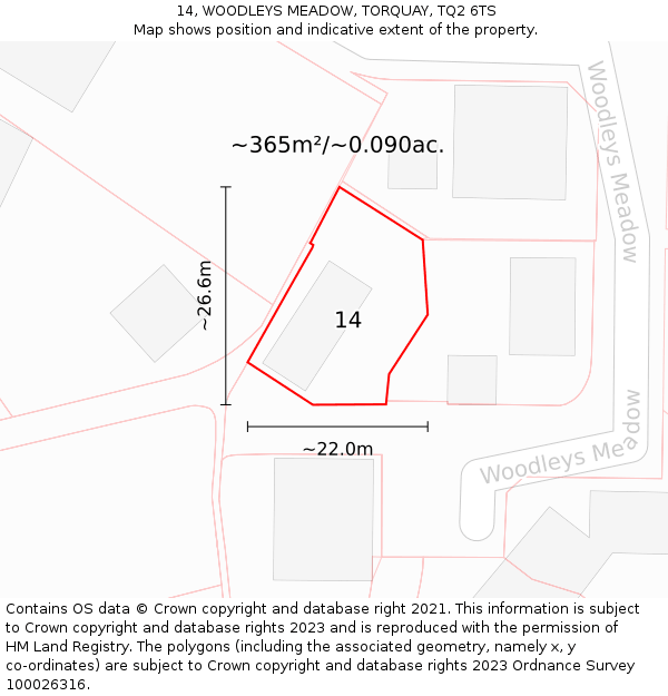 14, WOODLEYS MEADOW, TORQUAY, TQ2 6TS: Plot and title map