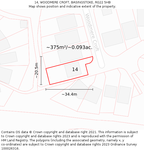 14, WOODMERE CROFT, BASINGSTOKE, RG22 5HB: Plot and title map