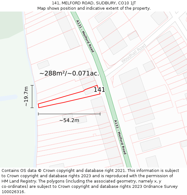141, MELFORD ROAD, SUDBURY, CO10 1JT: Plot and title map