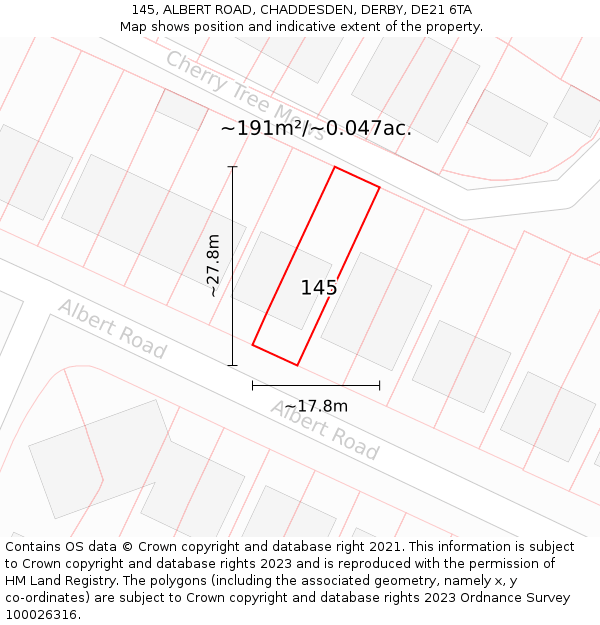 145, ALBERT ROAD, CHADDESDEN, DERBY, DE21 6TA: Plot and title map