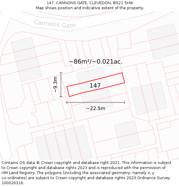 147, CANNONS GATE, CLEVEDON, BS21 5HW: Plot and title map