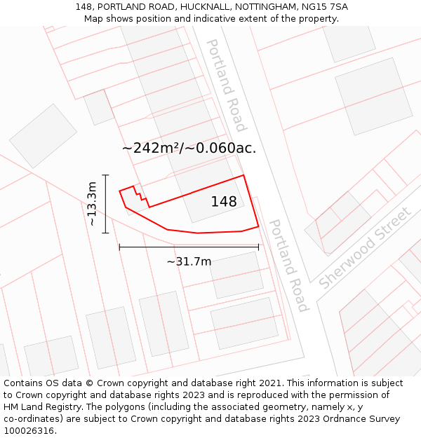 148, PORTLAND ROAD, HUCKNALL, NOTTINGHAM, NG15 7SA: Plot and title map