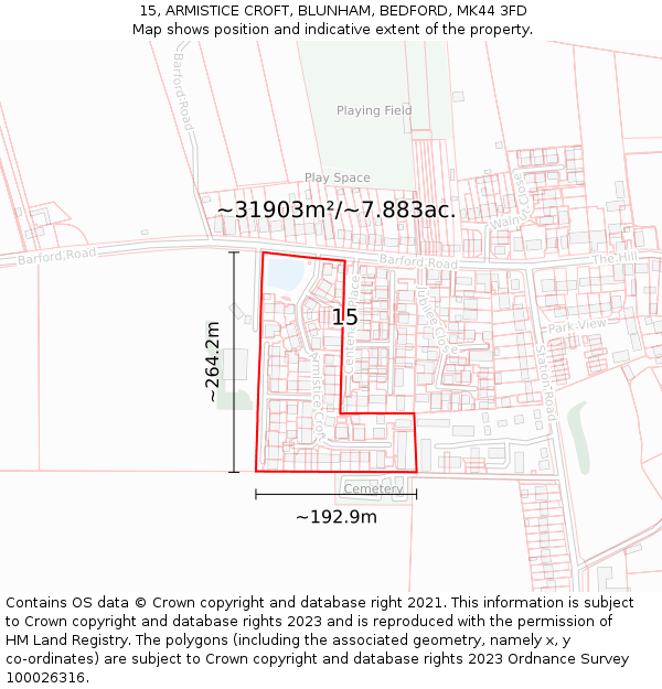 15, ARMISTICE CROFT, BLUNHAM, BEDFORD, MK44 3FD: Plot and title map